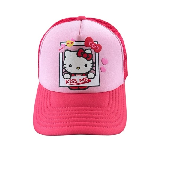 Hello Kitty Kiss Me Pink Red Trucker SnapBack Cap Hat OS Hearts N Bows - Picture 1 of 7